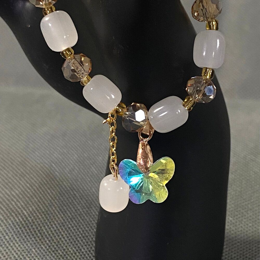 Iridescent Butterfly Charm Bracelet Oblong Glass Beads White Light Amber Stretch